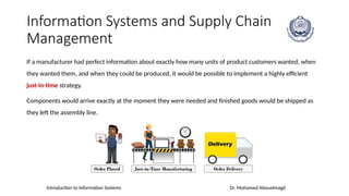 Introduction to Information Systems Dr. Mohamed Abouelmagd
Information Systems and Supply Chain
Management
If a manufacturer had perfect information about exactly how many units of product customers wanted, when
they wanted them, and when they could be produced, it would be possible to implement a highly efficient
just-in-time strategy.
Components would arrive exactly at the moment they were needed and finished goods would be shipped as
they left the assembly line.
 