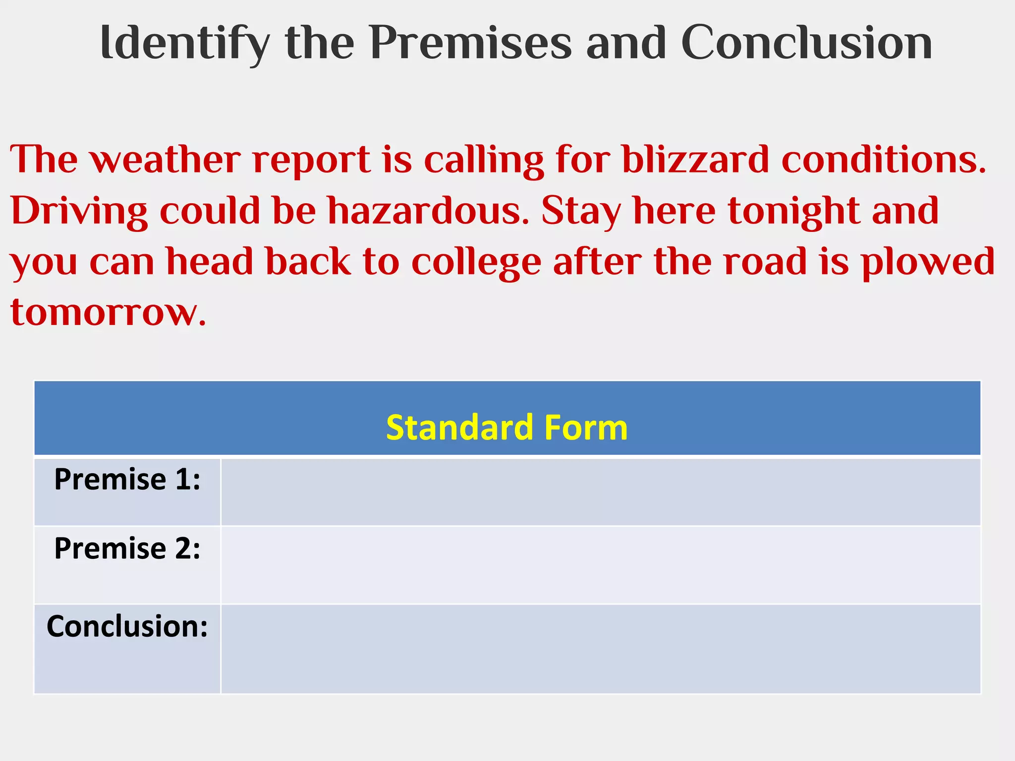 Identify the Premises and Conclusion
The weather report is calling for blizzard conditions.
Driving could be hazardous. Stay here tonight and
you can head back to college after the road is plowed
tomorrow.
Standard Form
Premise 1:
Premise 2:
Conclusion:

 