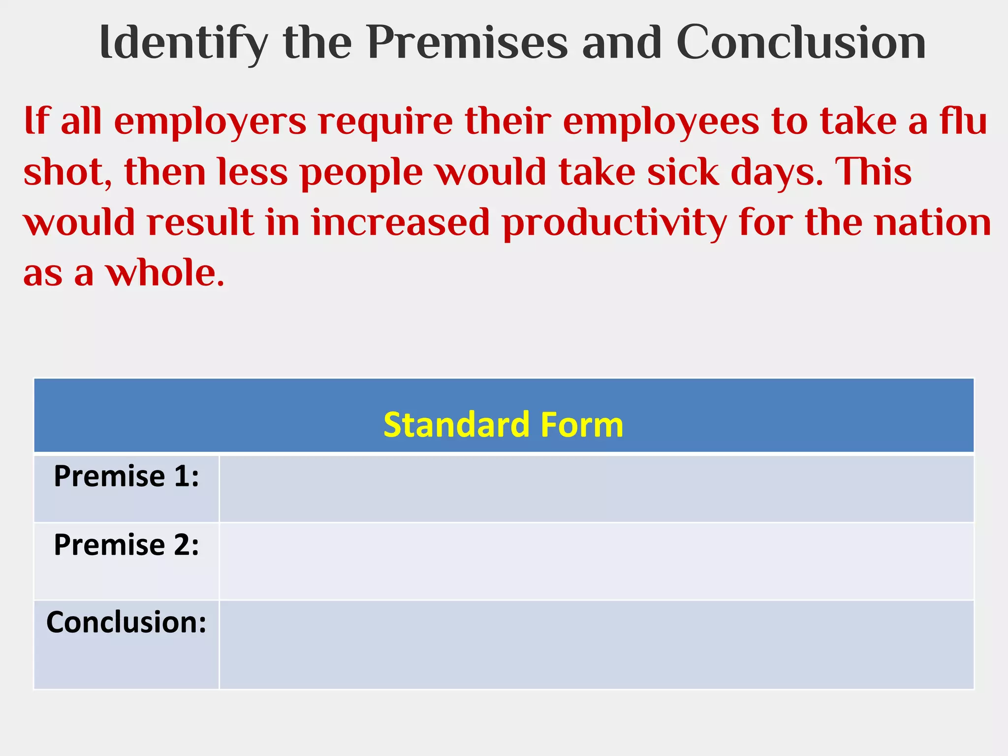 Identify the Premises and Conclusion
If all employers require their employees to take a flu
shot, then less people would take sick days. This
would result in increased productivity for the nation
as a whole.

Standard Form
Premise 1:
Premise 2:
Conclusion:

 