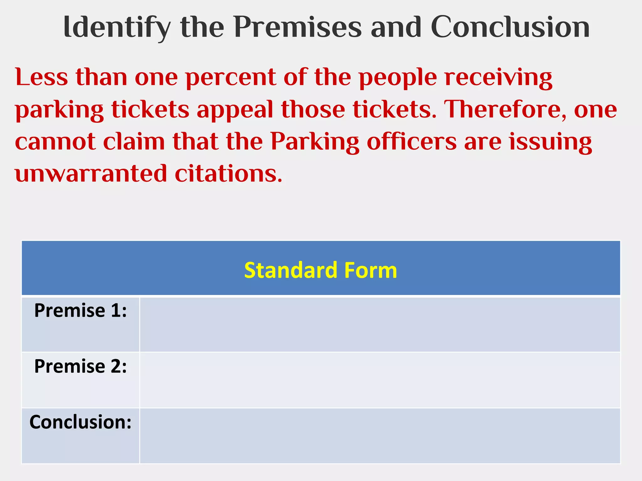 Identify the Premises and Conclusion
Less than one percent of the people receiving
parking tickets appeal those tickets. Therefore, one
cannot claim that the Parking officers are issuing
unwarranted citations.

Standard Form
Premise 1:
Premise 2:
Conclusion:

 