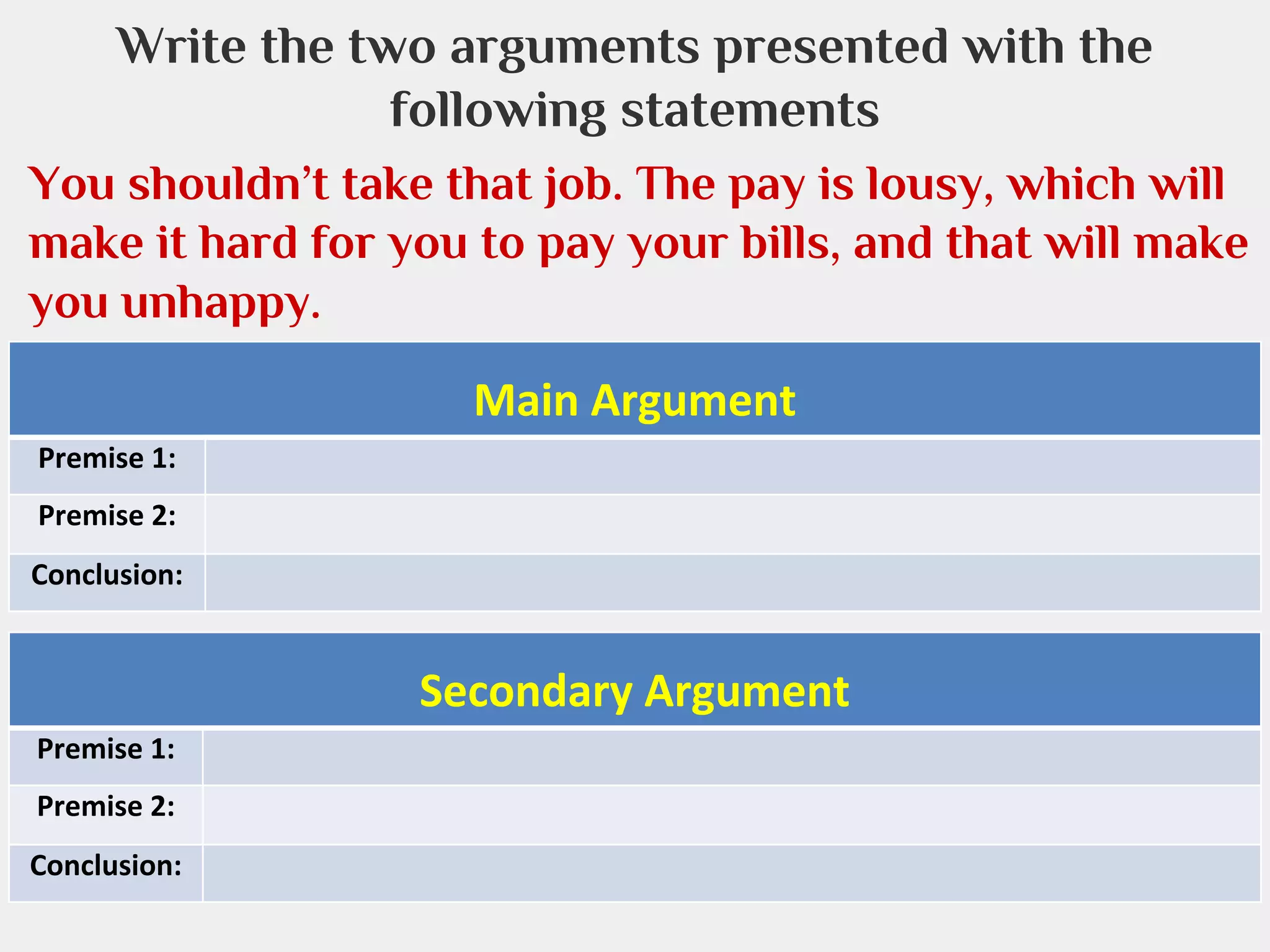 Write the two arguments presented with the
following statements
You shouldn’t take that job. The pay is lousy, which will
make it hard for you to pay your bills, and that will make
you unhappy.
Main Argument
Premise 1:
Premise 2:
Conclusion:

Secondary Argument
Premise 1:
Premise 2:
Conclusion:

 