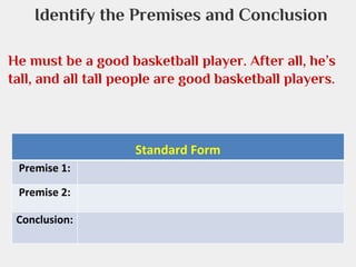 Identify the Premises and Conclusion
He must be a good basketball player. After all, he’s
tall, and all tall people are good basketball players.

Standard Form
Premise 1:
Premise 2:
Conclusion:

 