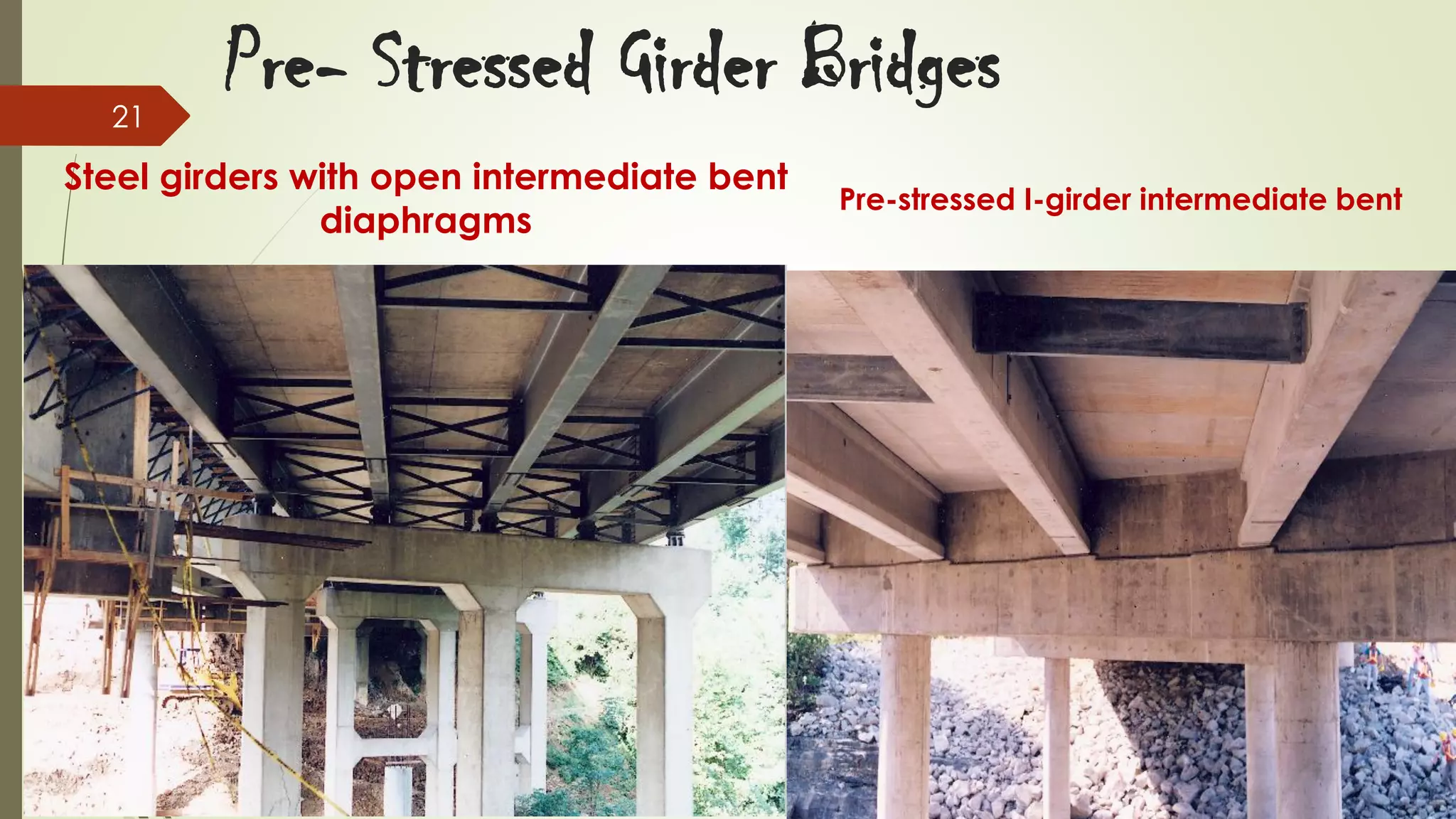 21

Pre- Stressed Girder Bridges

Steel girders with open intermediate bent
diaphragms

Pre-stressed I-girder intermediate bent

 