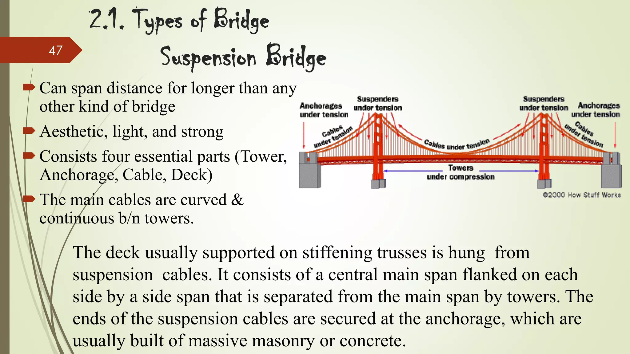 2.1. Types of Bridge
47

Suspension Bridge

 Can span distance for longer than any
other kind of bridge
 Aesthetic, light, and strong
 Consists four essential parts (Tower,
Anchorage, Cable, Deck)
 The main cables are curved &
continuous b/n towers.

The deck usually supported on stiffening trusses is hung from
suspension cables. It consists of a central main span flanked on each
side by a side span that is separated from the main span by towers. The
ends of the suspension cables are secured at the anchorage, which are
usually built of massive masonry or concrete.

 