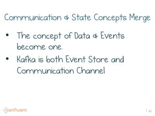 43
Communication & State Concepts Merge
•  The concept of Data & Events
become one.
•  Kafka is both Event Store and
Commu...