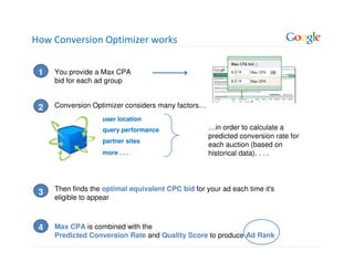 How Conversion Optimizer works


 1   You provide a Max CPA
     bid for each ad group


 2   Conversion Optimizer considers many factors…
                   user location
                   query performance                …in order to calculate a
                                                    predicted conversion rate for
                   partner sites
                                                    each auction (based on
                   more . . .                       historical data). . . .




     Then finds the optimal equivalent CPC bid for your ad each time it's
 3
     eligible to appear



 4   Max CPA is combined with the
     Predicted Conversion Rate and Quality Score to produce Ad Rank
 