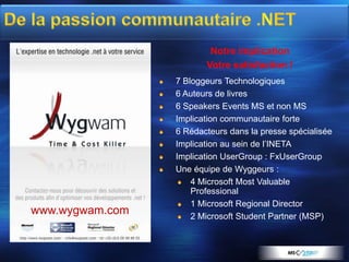 Notre implication
                        Votre satisfaction !
                 7 Bloggeurs Technologiques
                 6 Auteurs de livres
                 6 Speakers Events MS et non MS
                 Implication communautaire forte
                 6 Rédacteurs dans la presse spécialisée
                 Implication au sein de l’INETA
                 Implication UserGroup : FxUserGroup
                 Une équipe de Wyggeurs :
                     4 Microsoft Most Valuable
                     Professional
                     1 Microsoft Regional Director
www.wygwam.com       2 Microsoft Student Partner (MSP)
 