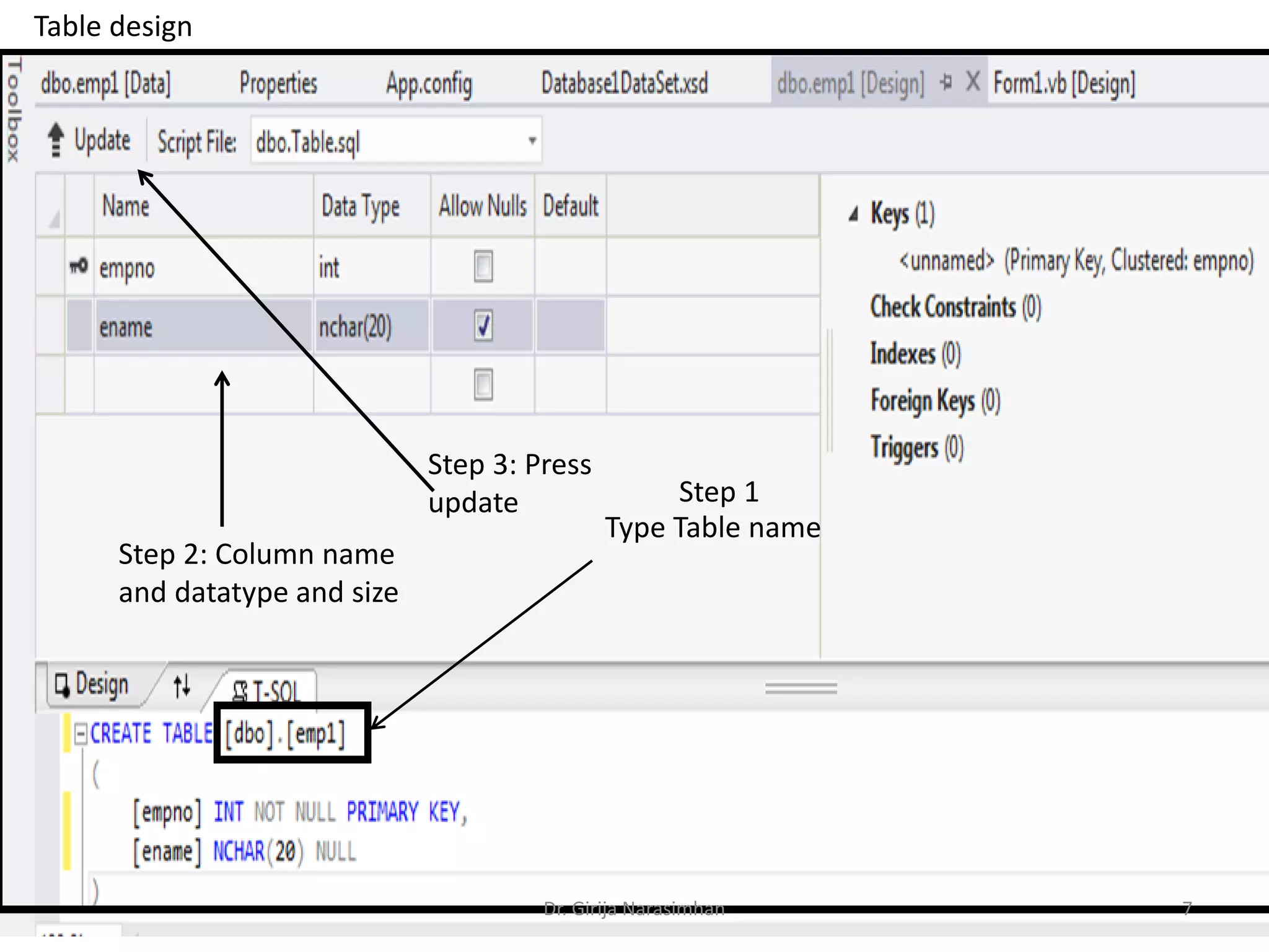 Type Table name
Step 2: Column name
and datatype and size
Step 3: Press
update Step 1
Table design
Dr. Girija Narasimhan 7
 