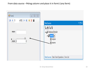 From data source -drag column and place it in form1 (any form)
Dr. Girija Narasimhan 10
 