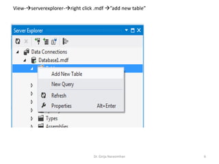 View-serverexplorer-right click .mdf ”add new table”
Dr. Girija Narasimhan 6
 