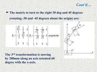 Cont’d…
 The matrix to turn to the right 30 deg and 45 degrees
(rotating -30 and -45 degrees about the origin) are:
The 3rd transformation is moving
by 200mm along an axis oriented 60
degree with the x-axis.
 