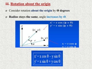 iii. Rotation about the origin
ø Consider rotation about the origin by Θ degrees
ø Radius stays the same, angle increases by Θ.
 