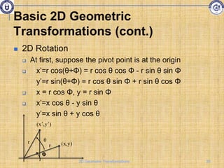  2D Rotation
 At first, suppose the pivot point is at the origin
 x’=r cos(θ+Φ) = r cos θ cos Φ - r sin θ sin Φ
y’=r sin(θ+Φ) = r cos θ sin Φ + r sin θ cos Φ
 x = r cos Φ, y = r sin Φ
 x’=x cos θ - y sin θ
y’=x sin θ + y cos θ
Φ
(x,y)
r
r θ
(x’,y’)
Basic 2D Geometric
Transformations (cont.)
20
2D Geometric Transformations
 
