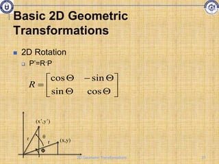 Basic 2D Geometric
Transformations
 2D Rotation
 P’=R·P












cos
sin
sin
cos
R
Φ
(x,y)
r
r θ
(x’,y’)
21
2D Geometric Transformations
 