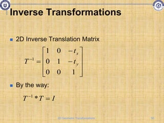 Inverse Transformations
 2D Inverse Translation Matrix
 By the way:














1
0
0
1
0
0
1
1
y
x
t
t
T
I
T
T 

*
1
50
2D Geometric Transformations
 