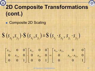  Composite 2D Scaling


































1
0
0
0
0
0
0
1
0
0
0
0
0
0
1
0
0
0
0
0
0
2
1
2
1
1
1
2
2
y
y
x
x
y
x
y
x
s
s
s
s
s
s
s
s
)
,
(
)
,
(
)
,
( 2
1
2
1
1
1
2
2 y
y
x
x
y
x
y
x s
s
s
s
s
s
s
s 


 S
S
S
2D Composite Transformations
(cont.)
57
2D Geometric Transformations
 