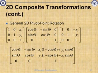  General 2D Pivot-Point Rotation







































1
0
0
1
0
0
1
1
0
0
0
cos
sin
0
sin
cos
1
0
0
1
0
0
1
r
r
r
r
y
x
y
x
























1
0
0
sin
)
cos
1
(
cos
sin
sin
)
cos
1
(
sin
cos
r
r
r
r
x
y
y
x
2D Composite Transformations
(cont.)
61
2D Geometric Transformations
 