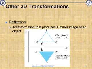 Other 2D Transformations
 Reflection
 Transformation that produces a mirror image of an
object
72
2D Geometric Transformations
 