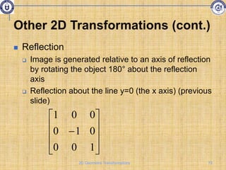  Reflection
 Image is generated relative to an axis of reflection
by rotating the object 180° about the reflection
axis
 Reflection about the line y=0 (the x axis) (previous
slide)











1
0
0
0
1
0
0
0
1
Other 2D Transformations (cont.)
73
2D Geometric Transformations
 