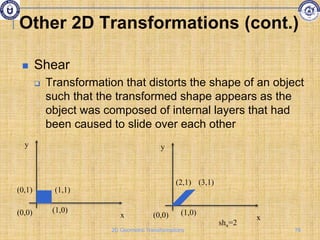  Shear
 Transformation that distorts the shape of an object
such that the transformed shape appears as the
object was composed of internal layers that had
been caused to slide over each other
y
x
(0,1) (1,1)
(1,0)
(0,0)
y
x
(2,1) (3,1)
(1,0)
(0,0)
shx=2
Other 2D Transformations (cont.)
78
2D Geometric Transformations
 