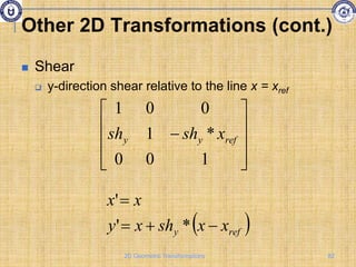  Shear
 y-direction shear relative to the line x = xref











1
0
0
*
1
0
0
1
ref
y
y x
sh
sh
 
ref
y x
x
sh
x
y
x
x




*
'
'
Other 2D Transformations (cont.)
82
2D Geometric Transformations
 