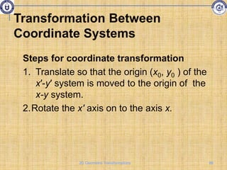 Steps for coordinate transformation
1. Translate so that the origin (x0, y0 ) of the
x′-y′ system is moved to the origin of the
x-y system.
2.Rotate the x′ axis on to the axis x.
Transformation Between
Coordinate Systems
86
2D Geometric Transformations
 