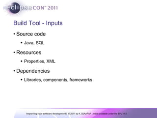 Build Tool - Inputs Source code Java, SQL Resources Properties, XML Dependencies Libraries, components, frameworks 