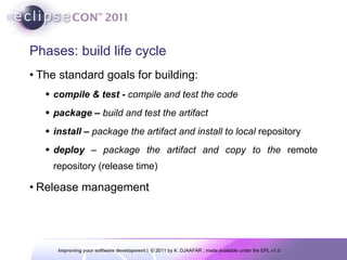 Phases: build life cycle The standard goals for building: compile & test -  compile and test the code package –  build and test the artifact install –  package the artifact and install to local  repository deploy  – package the artifact and copy to the  remote repository (release time) Release management 