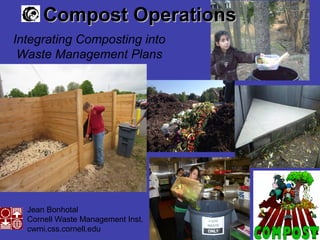 Jean Bonhotal
Cornell Waste Management Inst.
cwmi.css.cornell.edu
Compost OperationsCompost Operations
Integrating Composting into
Waste Management Plans
 