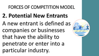 FORCES OF COMPETITION MODEL
2. Potential New Entrants
A new entrant is defined as
companies or businesses
that have the ability to
penetrate or enter into a
particular industry.
 
