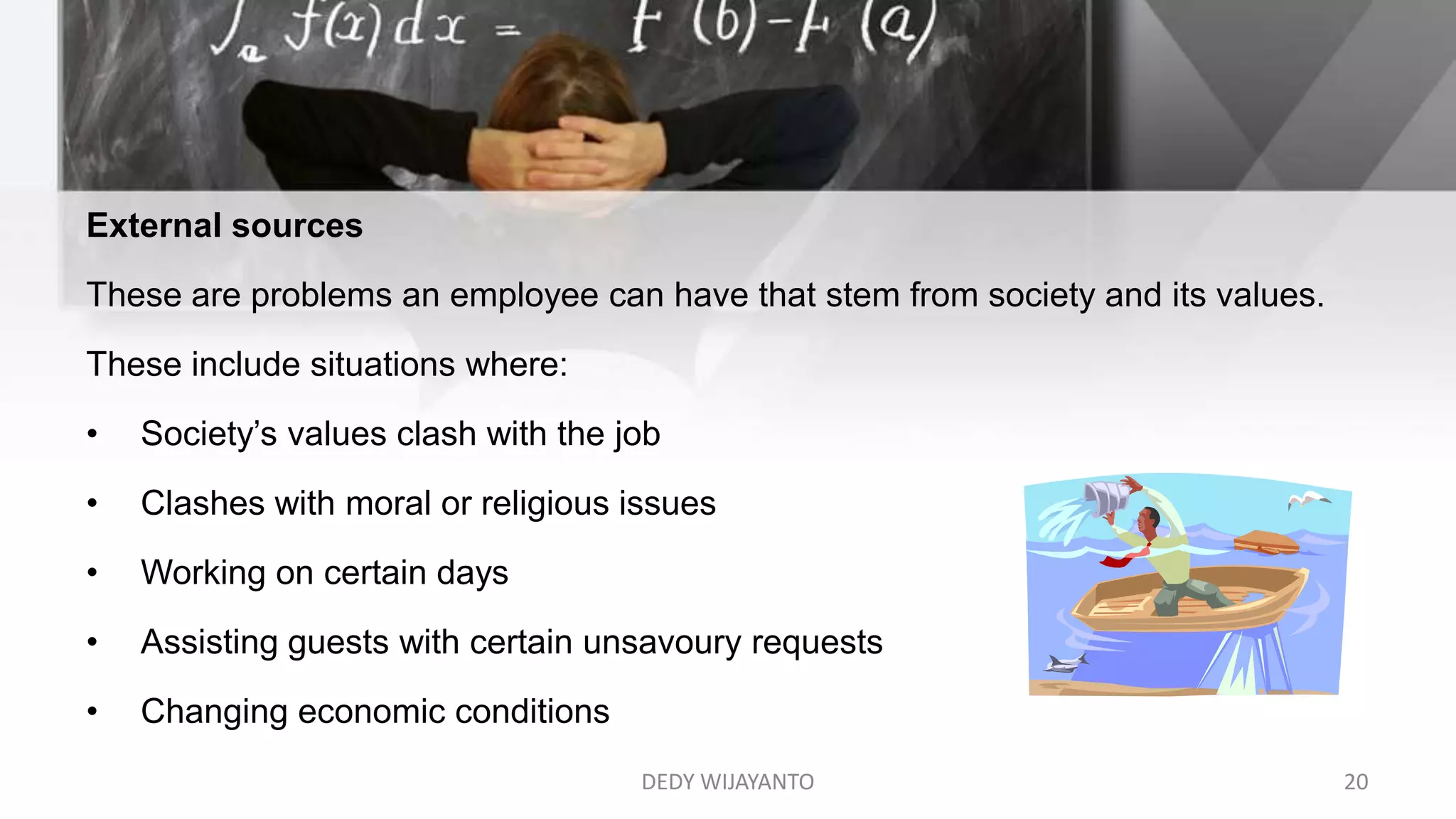 External sources
These are problems an employee can have that stem from society and its values.
These include situations where:
• Society’s values clash with the job
• Clashes with moral or religious issues
• Working on certain days
• Assisting guests with certain unsavoury requests
• Changing economic conditions
DEDY WIJAYANTO 20
 