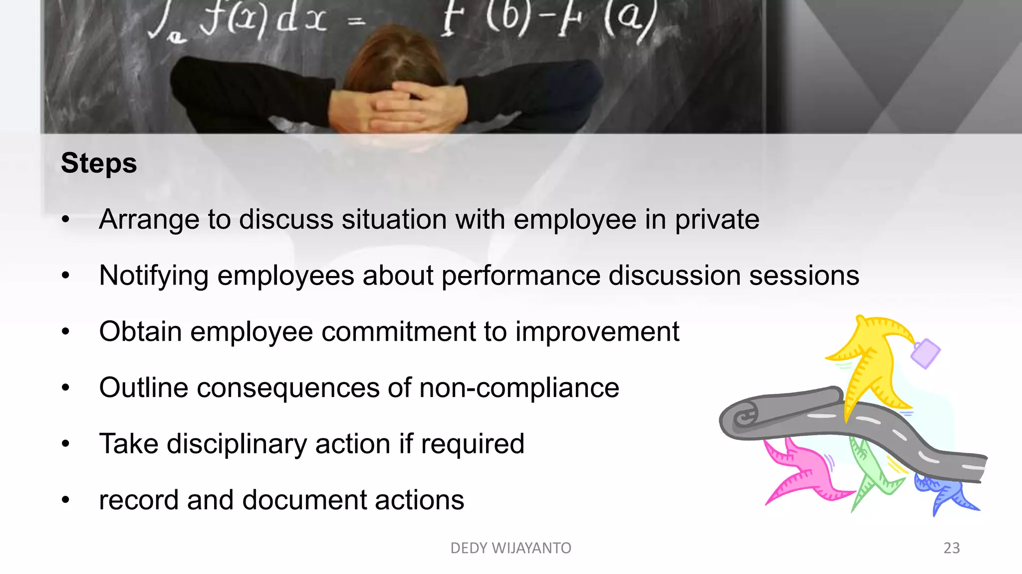 Steps
• Arrange to discuss situation with employee in private
• Notifying employees about performance discussion sessions
• Obtain employee commitment to improvement
• Outline consequences of non-compliance
• Take disciplinary action if required
• record and document actions
DEDY WIJAYANTO 23
 