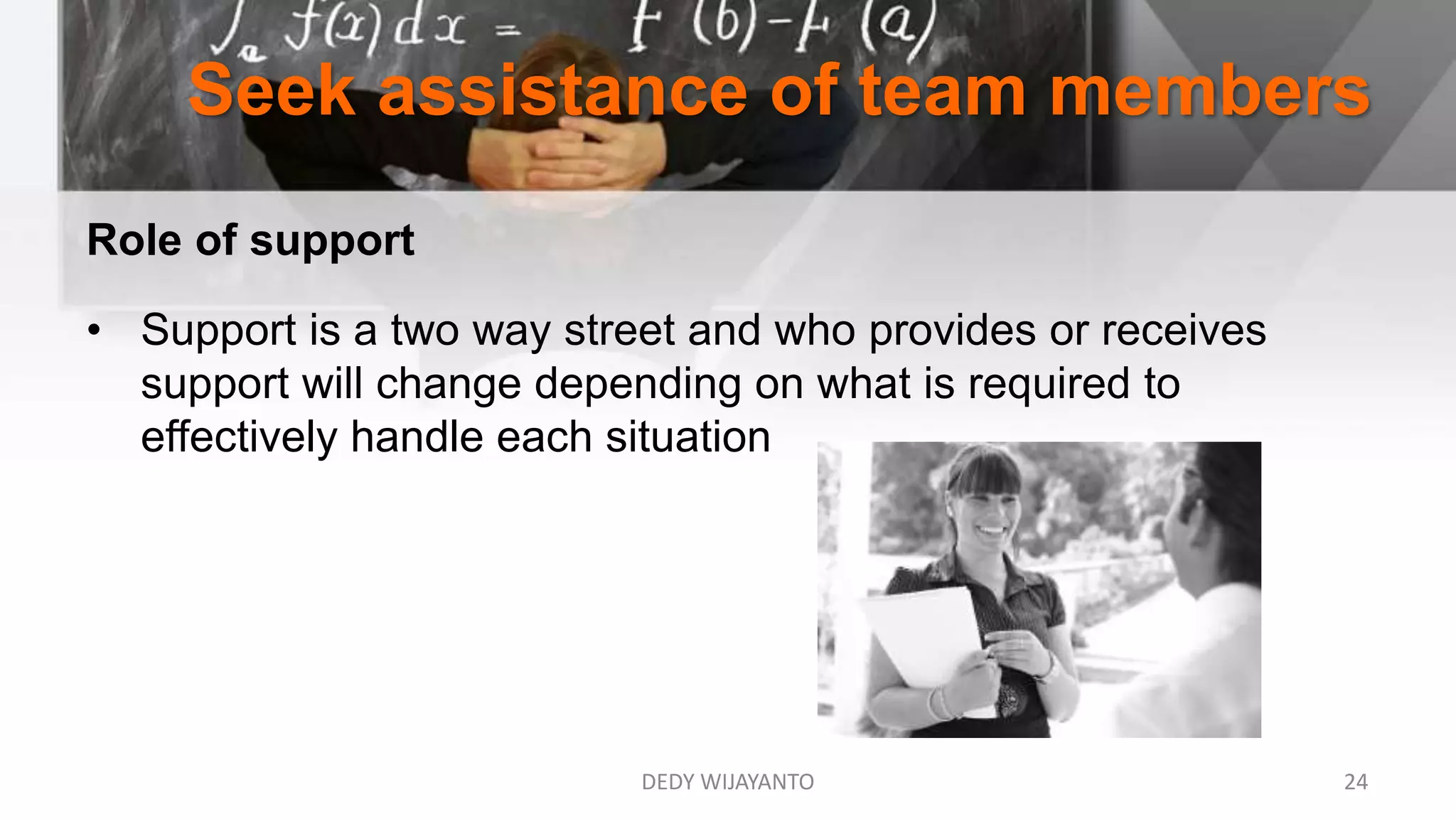 Seek assistance of team members
Role of support
• Support is a two way street and who provides or receives
support will change depending on what is required to
effectively handle each situation
DEDY WIJAYANTO 24
 