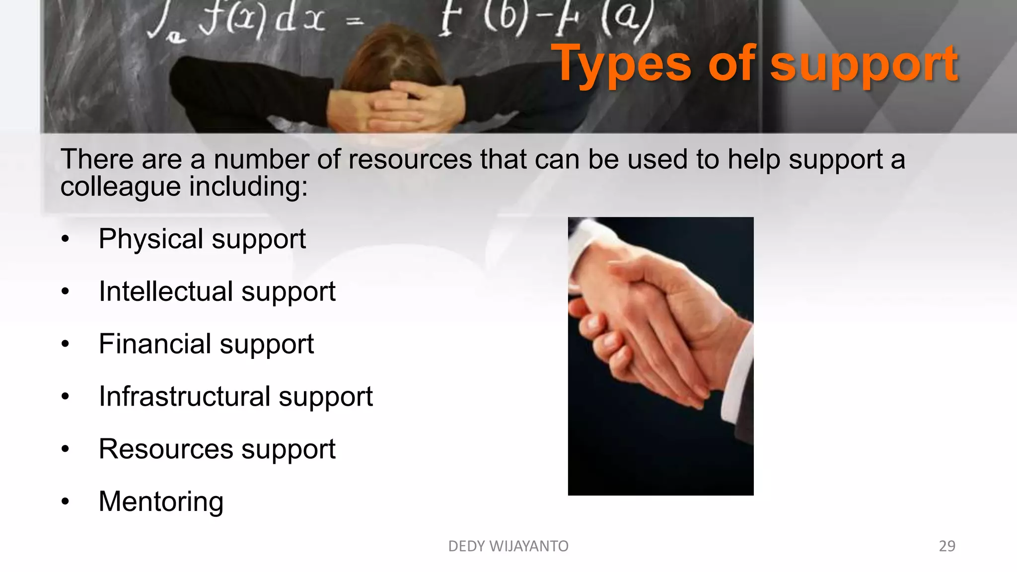 Types of support
DEDY WIJAYANTO 29
There are a number of resources that can be used to help support a
colleague including:
• Physical support
• Intellectual support
• Financial support
• Infrastructural support
• Resources support
• Mentoring
 
