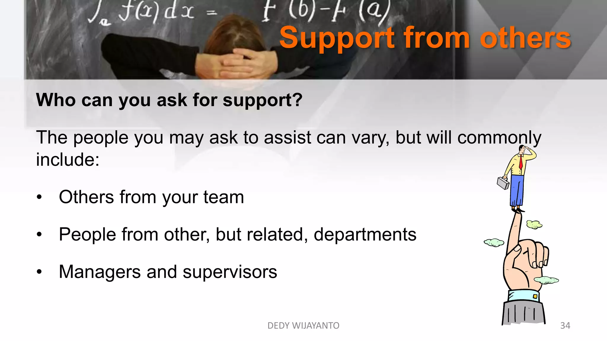 Support from others
DEDY WIJAYANTO 34
Who can you ask for support?
The people you may ask to assist can vary, but will commonly
include:
• Others from your team
• People from other, but related, departments
• Managers and supervisors
 