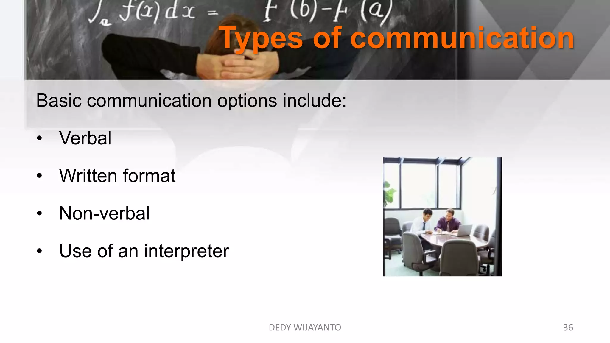 Types of communication
DEDY WIJAYANTO 36
Basic communication options include:
• Verbal
• Written format
• Non-verbal
• Use of an interpreter
 
