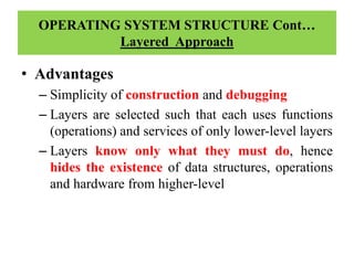 • Advantages
– Simplicity of construction and debugging
– Layers are selected such that each uses functions
(operations) and services of only lower-level layers
– Layers know only what they must do, hence
hides the existence of data structures, operations
and hardware from higher-level
OPERATING SYSTEM STRUCTURE Cont…
Layered Approach
 