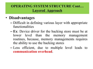 • Disadvantages
– Difficult in defining various layer with appropriate
functionalities
– Ex: Device driver for the backing store must be at
lower level than the memory management
routines, because, memory managements requires
the ability to use the backing stores
– Less efficient, due to multiple level leads to
communication overhead.
OPERATING SYSTEM STRUCTURE Cont…
Layered Approach
 