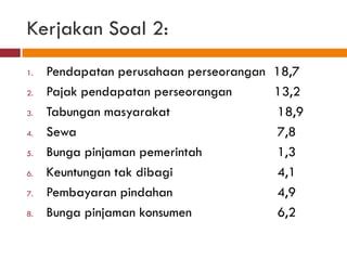 Kerjakan Soal 2:
1.   Pendapatan perusahaan perseorangan   18,7
2.   Pajak pendapatan perseorangan        13,2
3.   Tabungan masyarakat                  18,9
4.   Sewa                                  7,8
5.   Bunga pinjaman pemerintah            1,3
6.   Keuntungan tak dibagi                 4,1
7.   Pembayaran pindahan                  4,9
8.   Bunga pinjaman konsumen               6,2
 