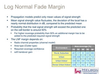  Propagation models predict only mean values of signal strength
 Mean signal strength value fluctuates, the deviation of the local has a
nearly normal distribution in dB, compared to the predicted mean
 Probability that the real signal strength will exceed the predicted one
on the cell border is around 50%
 For higher coverage probability than 50% an additional margin has to be
added to the predicted required signal strength
 The LNF margin depends on:
 Radio channel properties (channel model)
 Area type (Clutter type)
 Required coverage confidence
 soft handover gain
Log Normal Fade Margin
75 85 90 95 98
Rural, Suburban –4.1 –1.7 0 2.3 4.6
Urban –3.9 –0.9 1.1 4.1 7.2
Urban Indoor –3.8 0.6 3.4 7.5 12.1
Dense Urban Indoor –3.8 1.1 4.3 9 14.3
Environment
Area coverage %
 