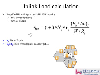 Uplink Load calculation
• Simplified UL load equation  UL DCH capacity
– for 1 service type j only
– W/Rj >> (Eb/No)j
• Nj: No. of Trunks
• Nj x Rj = Cell Throughput = Capacity [kbps]
j
jb
jjUL
RW
NoE
Ni
/
)/(
)1(  =
 