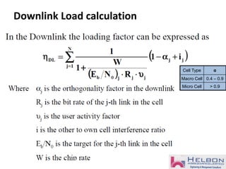Downlink Load calculation
Cell Type α
Macro Cell 0.4 – 0.9
Micro Cell > 0.9
 