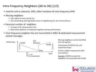 CPICH Ec/Io SC100
SC200
Drop
Cell
Selection
Time
Missing neighbours can be identified
from UE log files:
1) Decrease of CPICH Ec/Io until
connection drops
2) Then sudden improvement after
cell selection
Example: SC200 missing from
neighbour list associated with SC100
UE movement
Intra-Frequency Neighbors (3G to 3G) (1/2)
• Used for cell re-selection, SHO, softer handover & intra-frequency HHO
• Missing neighbors
• Poor signal to noise ratio (EC/I0)
• UEs transmitting with high power close to neighboring site, but not served by it
• Excessive number of neighbors
• Increase of UE measurement time
• May lead to deletion of important neighbors during soft handover
• Intra-frequency neighbor lists are transmitted in SIB11 & dedicated measurement
control messages
 
