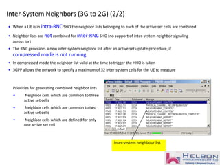 Inter-System Neighbors (3G to 2G) (2/2)
• When a UE is in intra-RNC SHO the neighbor lists belonging to each of the active set cells are combined
• Neighbor lists are not combined for inter-RNC SHO (no support of inter-system neighbor signaling
across Iur)
• The RNC generates a new inter-system neighbor list after an active set update procedure, if
compressed mode is not running
• In compressed mode the neighbor list valid at the time to trigger the HHO is taken
• 3GPP allows the network to specify a maximum of 32 inter-system cells for the UE to measure
Priorities for generating combined neighbor lists
• Neighbor cells which are common to three
active set cells
• Neighbor cells which are common to two
active set cells
• Neighbor cells which are defined for only
one active set cell
Inter-system neighbour list
 