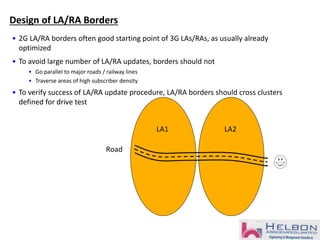 Design of LA/RA Borders
• 2G LA/RA borders often good starting point of 3G LAs/RAs, as usually already
optimized
• To avoid large number of LA/RA updates, borders should not
• Go parallel to major roads / railway lines
• Traverse areas of high subscriber density
• To verify success of LA/RA update procedure, LA/RA borders should cross clusters
defined for drive test
LA1 LA2
Road
 
