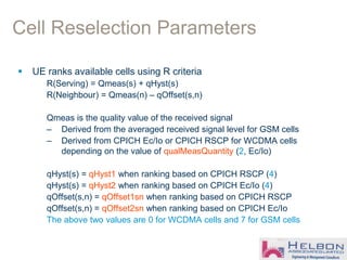 Cell Reselection Parameters
 UE ranks available cells using R criteria
R(Serving) = Qmeas(s) + qHyst(s)
R(Neighbour) = Qmeas(n) – qOffset(s,n)
Qmeas is the quality value of the received signal
– Derived from the averaged received signal level for GSM cells
– Derived from CPICH Ec/Io or CPICH RSCP for WCDMA cells
depending on the value of qualMeasQuantity (2, Ec/Io)
qHyst(s) = qHyst1 when ranking based on CPICH RSCP (4)
qHyst(s) = qHyst2 when ranking based on CPICH Ec/Io (4)
qOffset(s,n) = qOffset1sn when ranking based on CPICH RSCP
qOffset(s,n) = qOffset2sn when ranking based on CPICH Ec/Io
The above two values are 0 for WCDMA cells and 7 for GSM cells
 