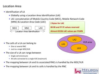 • Identification of LA
• Globally using a Location Area Identification (LAI)
• LAI: concatenation of Mobile Country Code (MCC), Mobile Network Code
(MNC) & Location Area Code (LAC)
• The cells of a LA can belong to
• One or several RNC
• Just to a single MSC/VLR
• The size of a LA can range between
• Single cell (minimum)
• All cells connected to a single VLR (maximum)
• The mapping between LA and its associated RNCs is handled by the MSC/VLR
• The mapping between LA and its cells is handled by the RNC
Location Area
2 Bytes for LAC
00 00 and FF FE values reserved
Almost 65536 LAC values per PLMN
VLR area
LA3
LA2
LA1
 