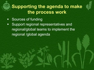 Supporting the agenda to make
the process work
Sources of funding
Support regional representatives and
regional/global teams to implement the
regional /global agenda
 