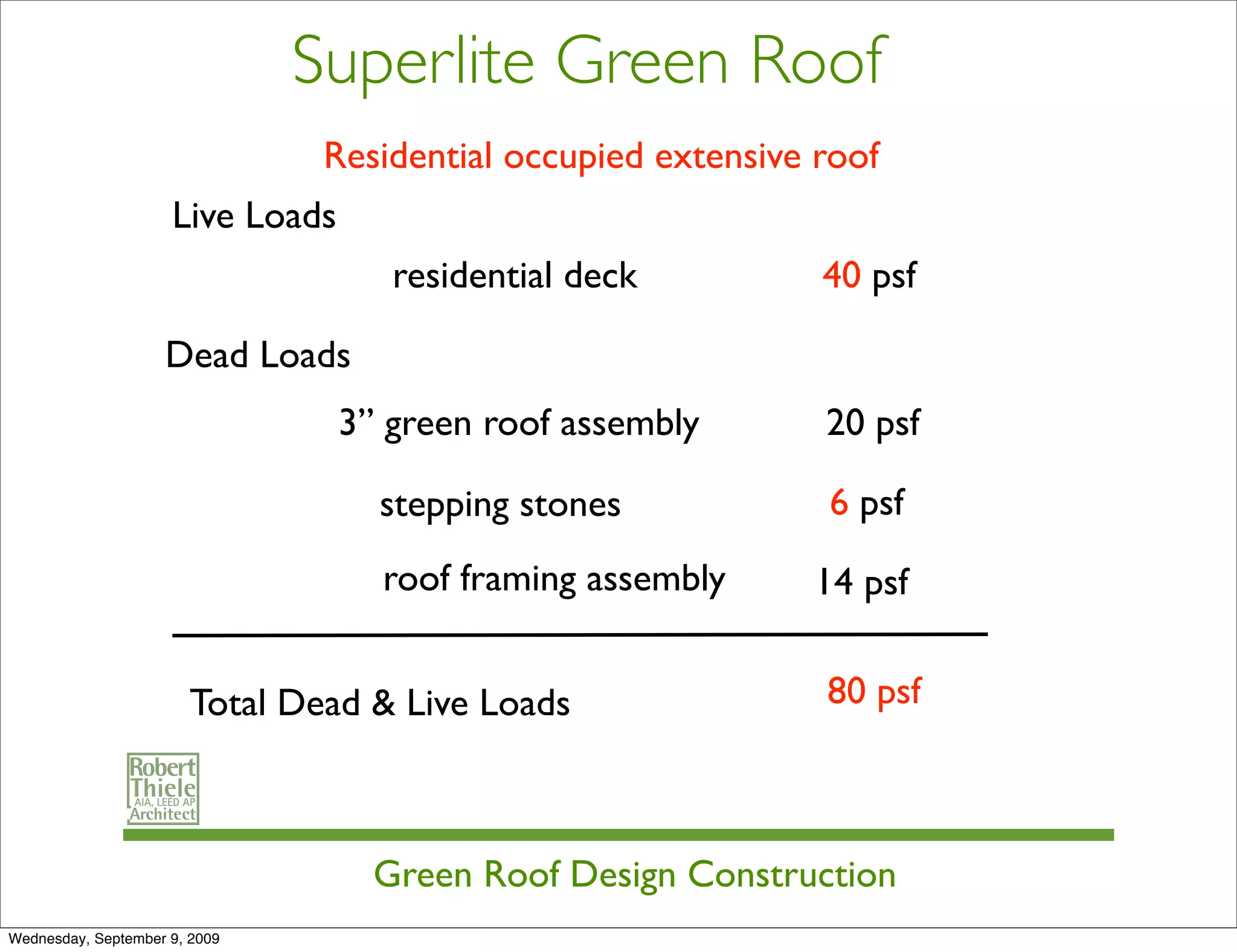 Superlite Green Roof
                                Residential occupied extensive roof
                     Live Loads
                                     residential deck          40 psf

                    Dead Loads
                                  3” green roof assembly       20 psf

                                    stepping stones            6 psf
                                    roof framing assembly     14 psf


                       Total Dead & Live Loads                 80 psf



                                    Green Roof Design Construction
Wednesday, September 9, 2009
 