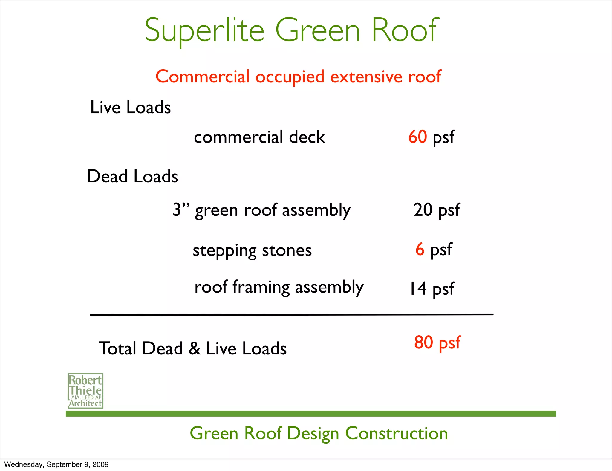 Superlite Green Roof
                               Commercial occupied extensive roof
                      Live Loads
                                     commercial deck          60 psf

                      Dead Loads
                                   3” green roof assembly     20 psf

                                     stepping stones           6 psf
                                     roof framing assembly    14 psf


                         Total Dead & Live Loads               80 psf



                                     Green Roof Design Construction
Wednesday, September 9, 2009
 